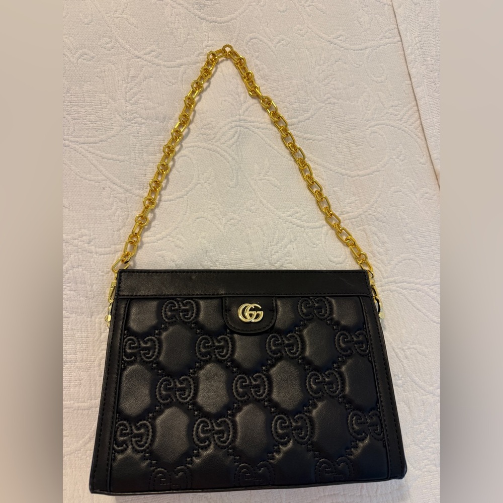 Designer Black Quilted Leather Shoulder Bag with Gold Chain Strap/hardware